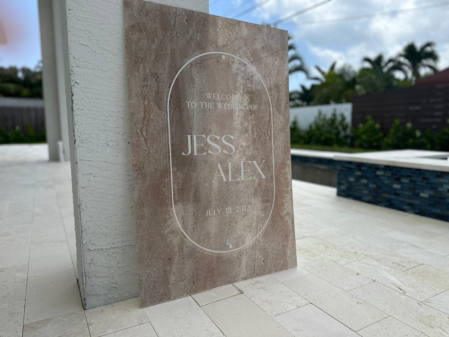Faux Stone Wedding Welcome Sign with Standoffs |Minimalist Modern Signage | Travertine Wedding Signage Welcome Sign | Acrylic Wedding Sign