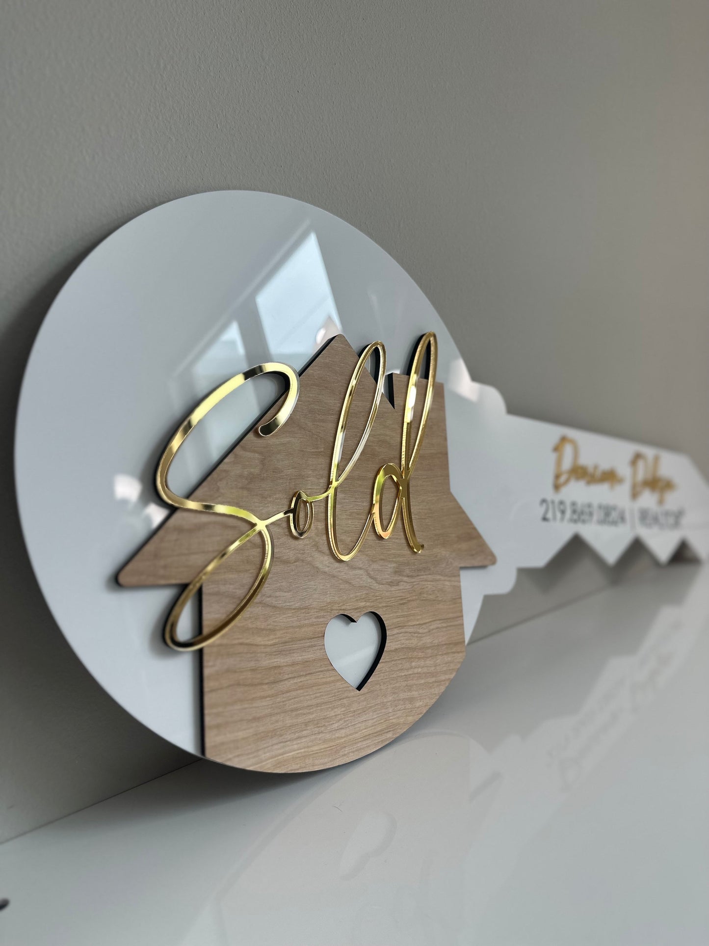 Personalized Realtor Key with Heart | Closing Realty | House Sold Acrylic and Wood Sign | Closing Prop | Realtor Gift Sold Sign