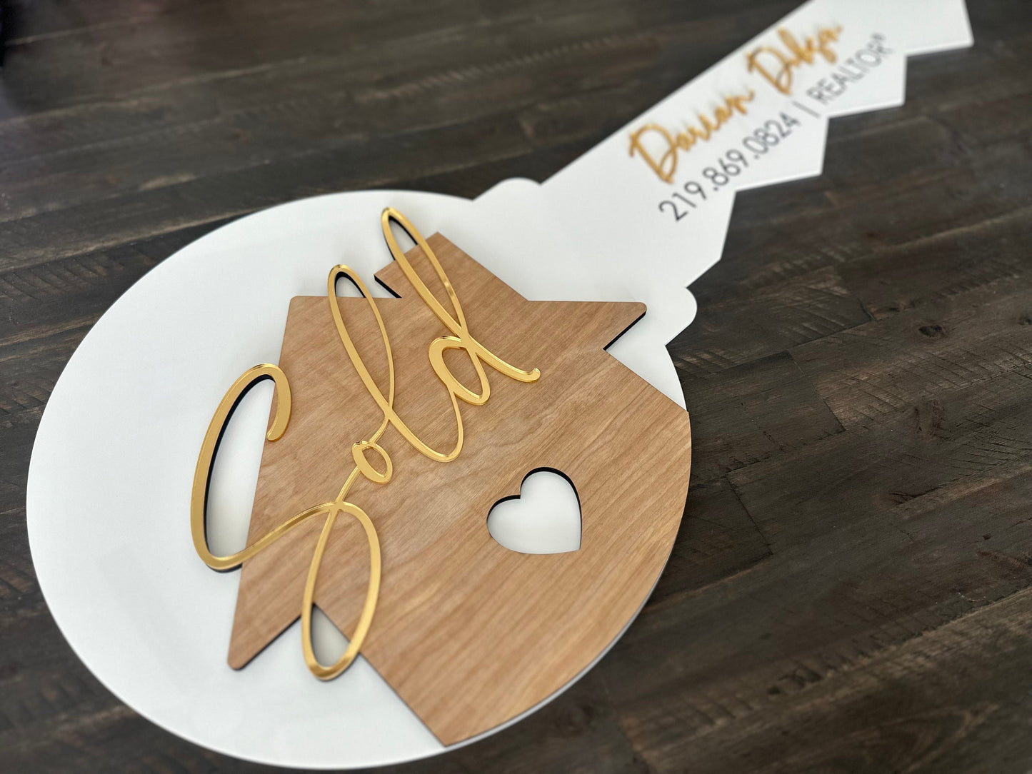 Personalized Realtor Key with Heart | Closing Realty | House Sold Acrylic and Wood Sign | Closing Prop | Realtor Gift Sold Sign