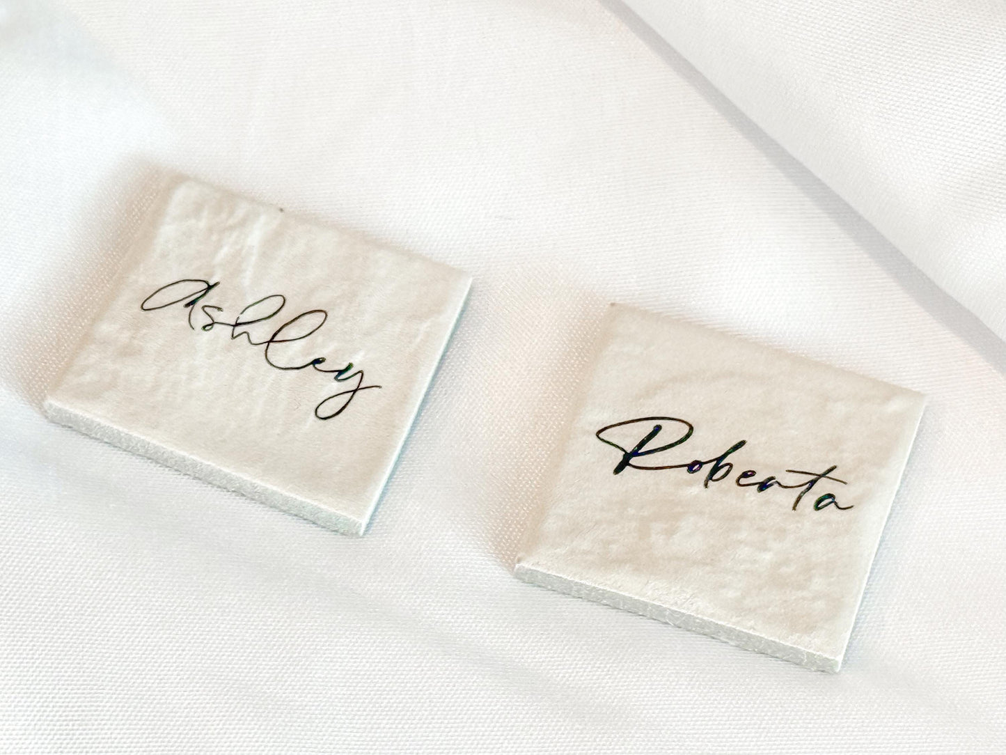 Porcelain Matte Stone Place Card Settings | Square Name Tags | Stone Place Names | Wedding Place Names | Wedding Place Card Settings