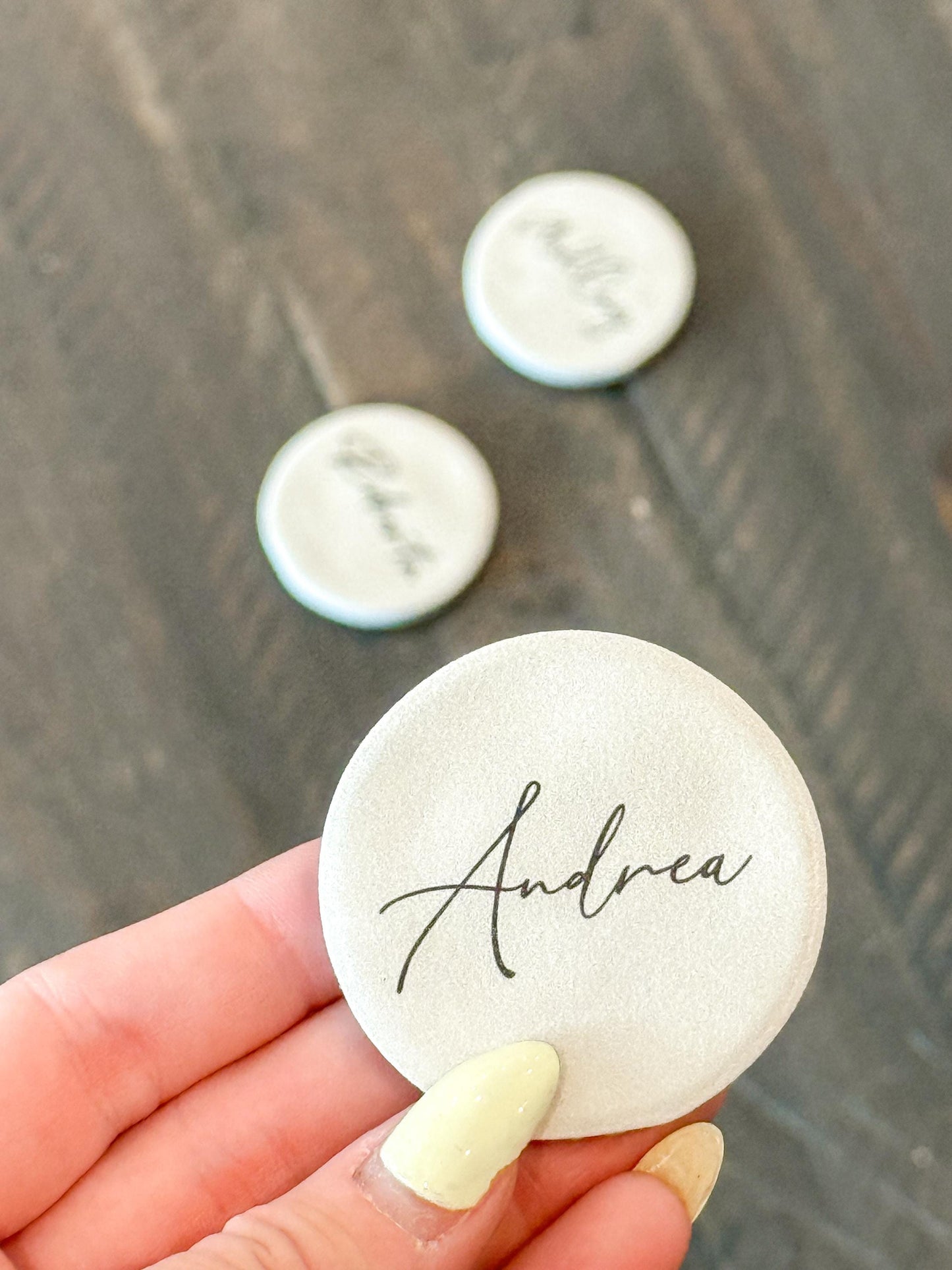 Porcelain Matte Stone Place Card Settings | Circle Name Tags | Stone Place Names | Wedding Place Names | Wedding Place Card Settings