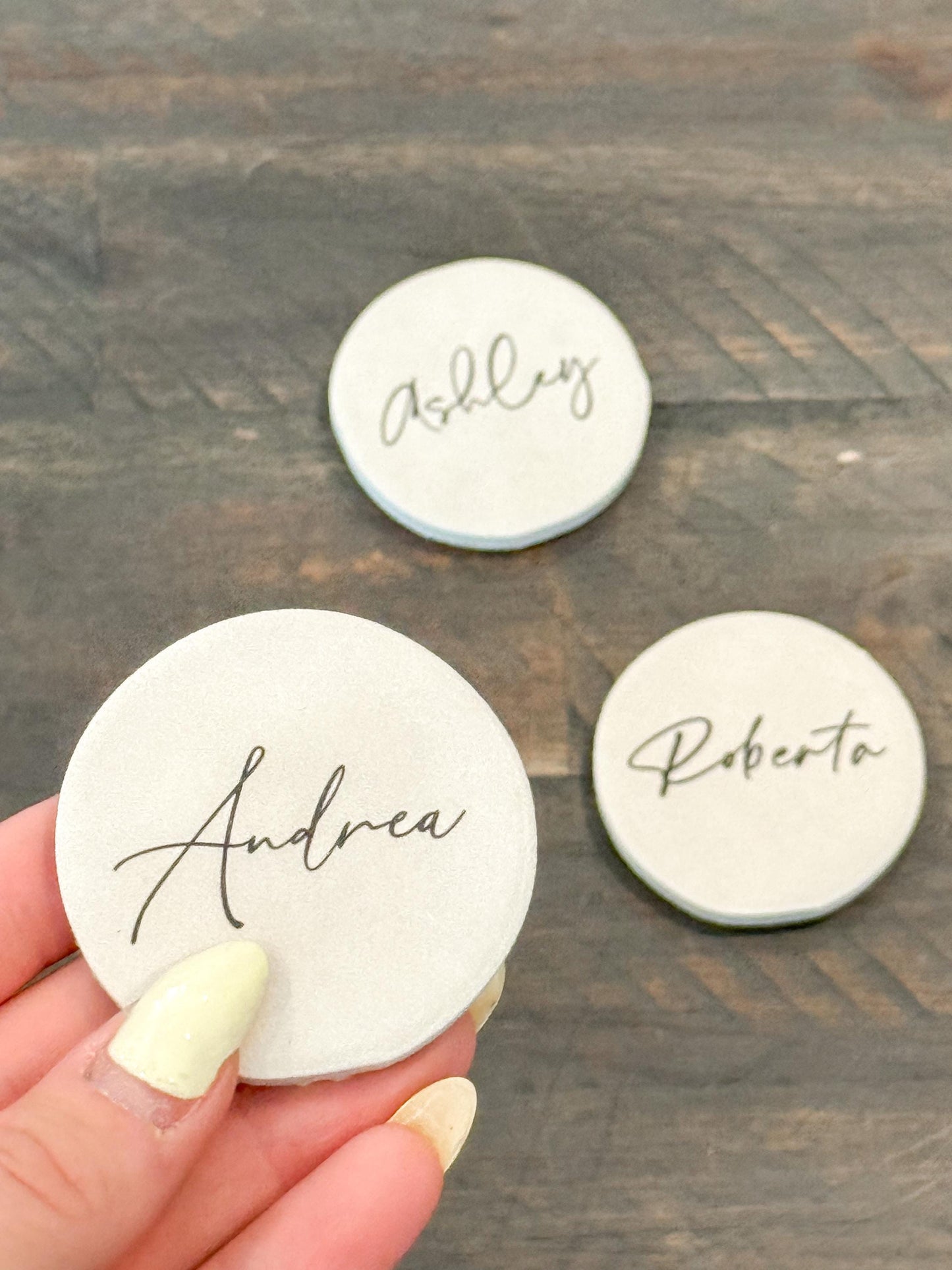 Porcelain Matte Stone Place Card Settings | Circle Name Tags | Stone Place Names | Wedding Place Names | Wedding Place Card Settings