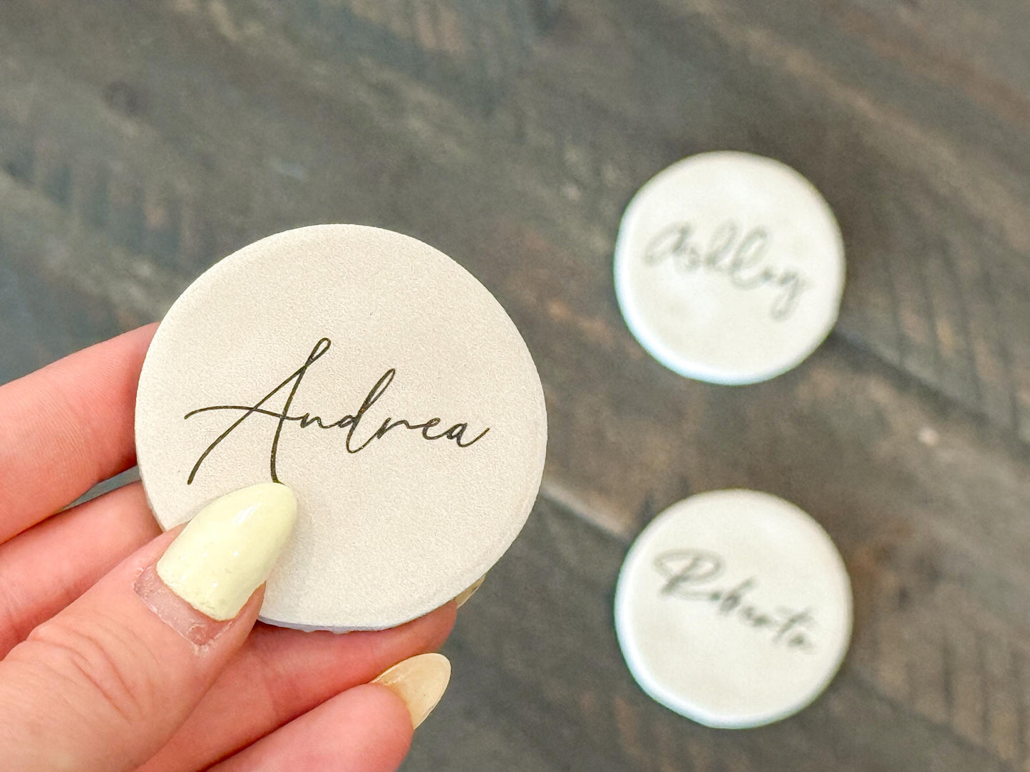 Porcelain Matte Stone Place Card Settings | Circle Name Tags | Stone Place Names | Wedding Place Names | Wedding Place Card Settings