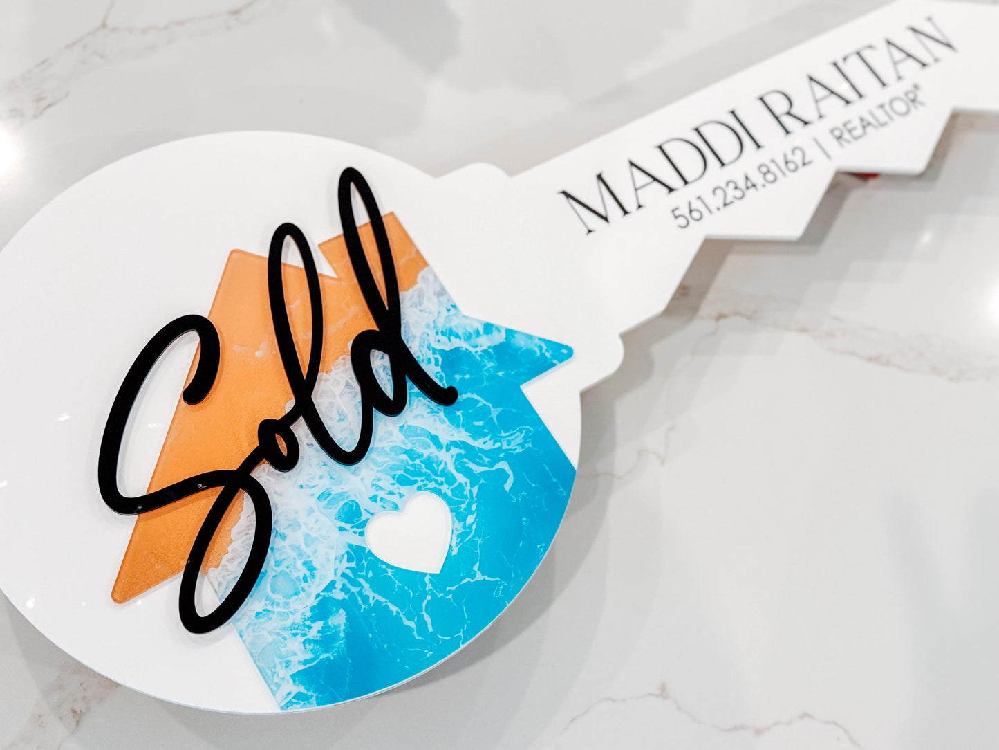 Personalized Ocean Realtor Key with Heart | Closing Realty | House Sold Acrylic and Wood Sign | Closing Prop | Shoreline Wave Gift