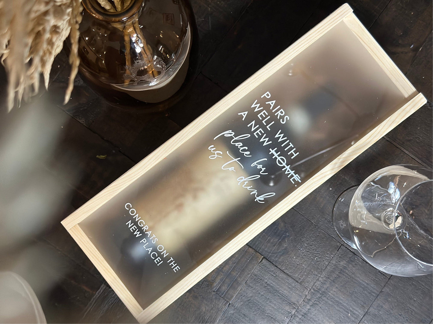 Personalized Wood Wine Box with Acrylic Lid | Housewarming Gift | Realtor Gift | New Home | Custom Closing Gift