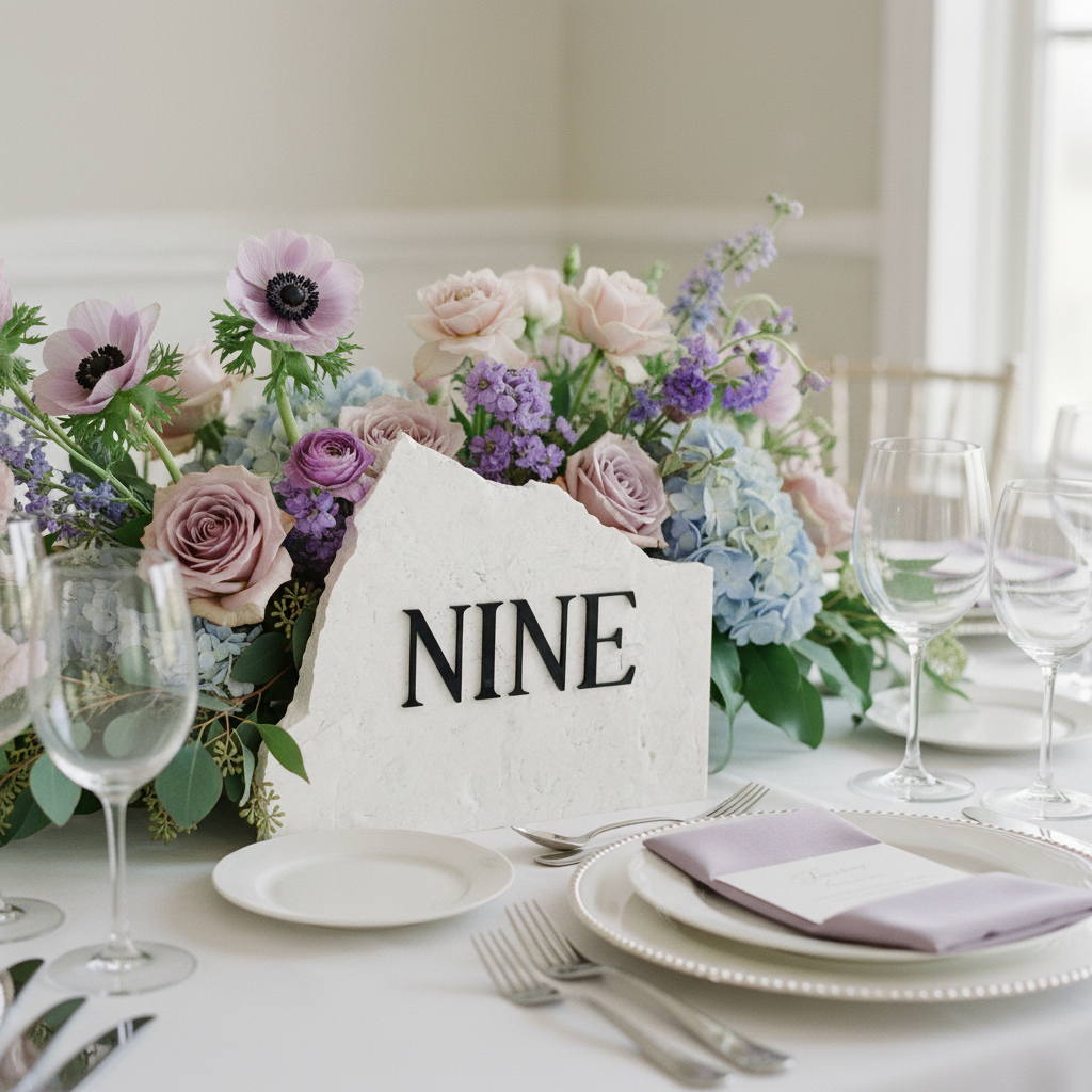 3D Acrylic Table Number with Purple Pink Blue Flowers