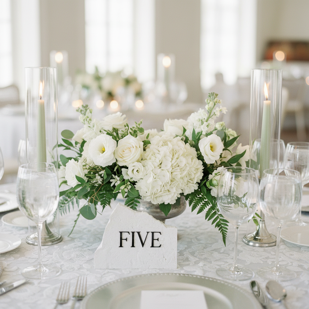 3D Acrylic Table Number with White and Green Flowers