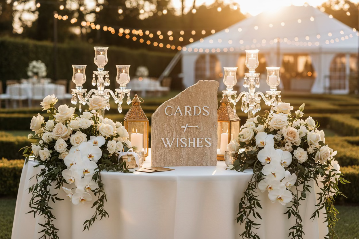 Decorative table setup with flowers, candles, and a 'Cards and Wishes' sign outdoors.
