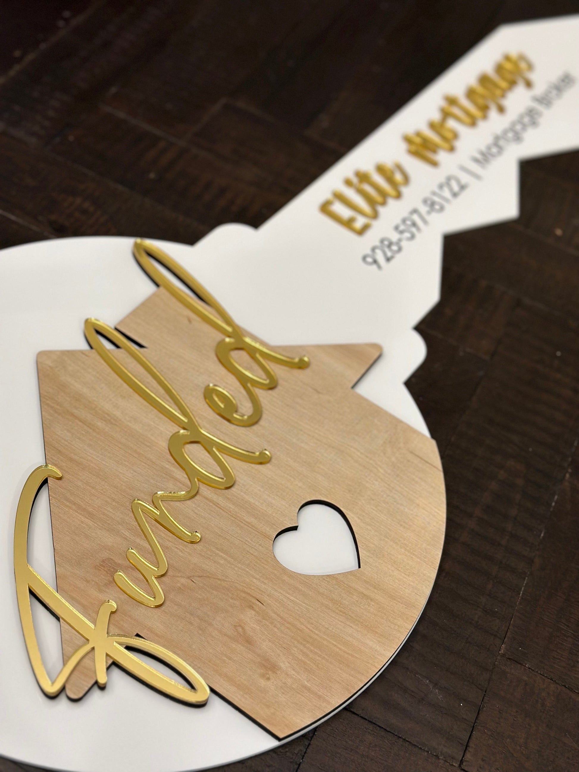 Personalized Realtor Key with Heart | Funded Realty | House Sold Acrylic and Wood Sign | Closing Prop | Bank Title Gift Sold Sign