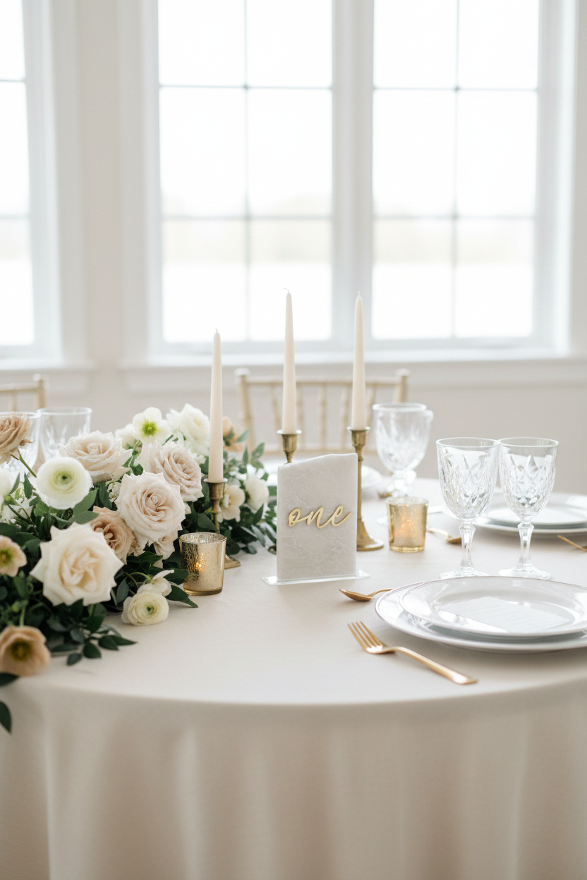 Elegant table setting with floral arrangement, candles, and 'one' sign in a bright room.