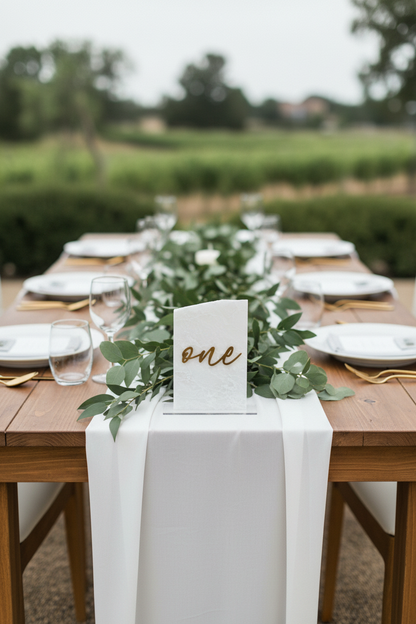 Elegant outdoor table setting with a white runner, gold napkins, and greenery.