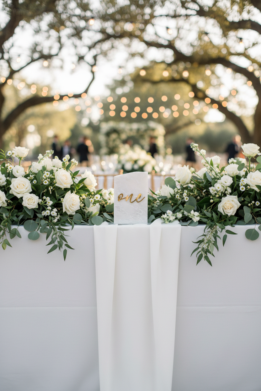 Decorative table setup with white flowers and a 'love' sign under a tree with lights.