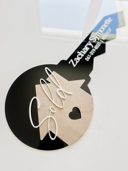 Personalized Realtor Key with Heart | Closing Realty | House Sold Acrylic and Wood Sign | Closing Prop | Realtor Gift Sold Sign