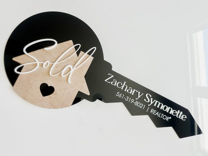Personalized Realtor Key with Heart | Closing Realty | House Sold Acrylic and Wood Sign | Closing Prop | Realtor Gift Sold Sign