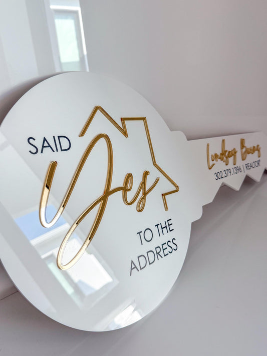 Personalized Realtor Key | Say yes to the address | Closing Realty | House Sold Acrylic and Wood Sign | Closing Prop | Realtor Gift Sold