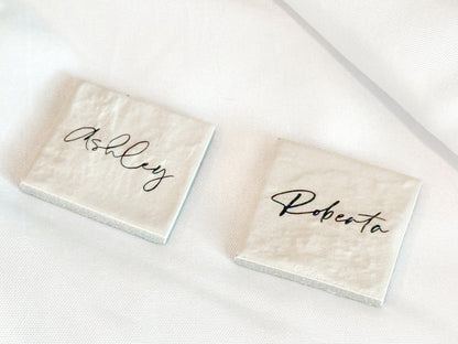 Porcelain Matte Stone Place Card Settings | Square Name Tags | Stone Place Names | Wedding Place Names | Wedding Place Card Settings
