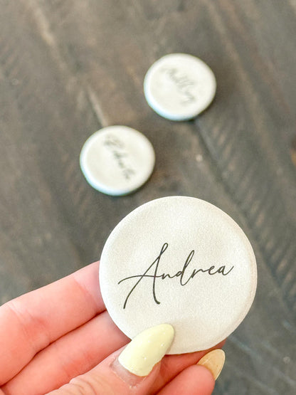 Porcelain Matte Stone Place Card Settings | Circle Name Tags | Stone Place Names | Wedding Place Names | Wedding Place Card Settings