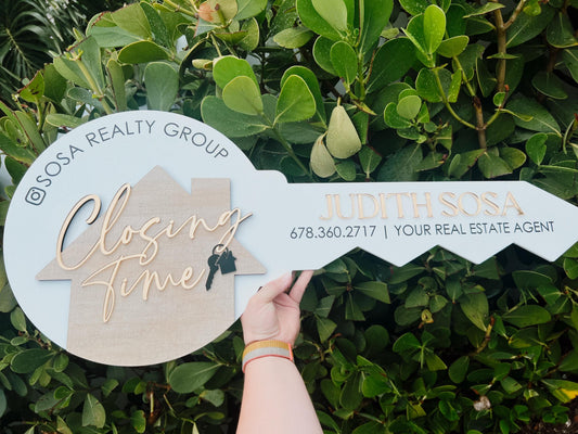 Personalized Realtor Key with Hanging Keys | Closing Time Realty | House Sold Acrylic and Wood Sign | Closing Prop | Realtor Gift Sold Sign