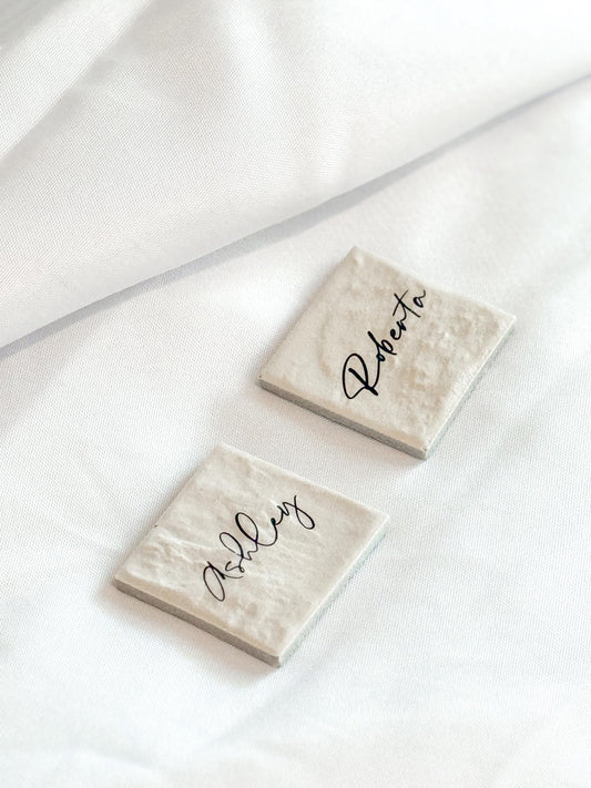Porcelain Matte Stone Place Card Settings | Square Name Tags | Stone Place Names | Wedding Place Names | Wedding Place Card Settings