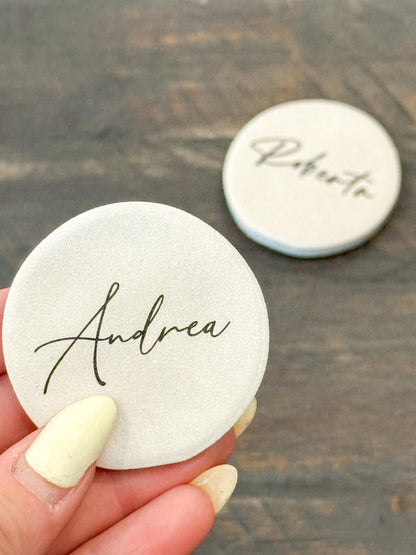 Porcelain Matte Stone Place Card Settings | Circle Name Tags | Stone Place Names | Wedding Place Names | Wedding Place Card Settings