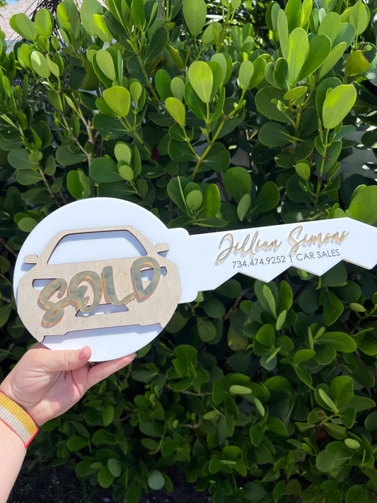 Personalized Car Sales Key Sign: Acrylic & Wood Closing Prop