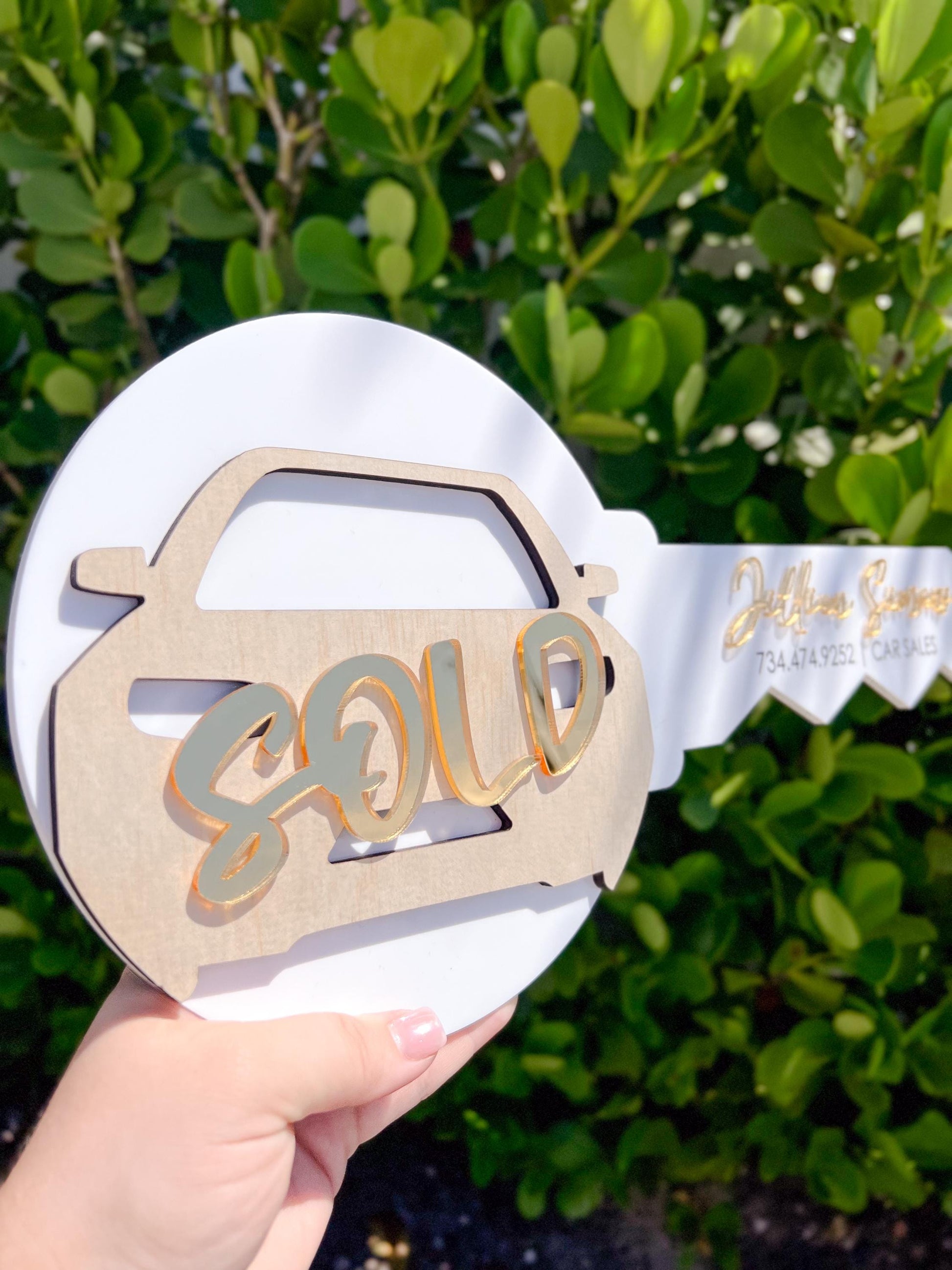 Personalized Car Sales Key Sign: Acrylic & Wood Closing Prop