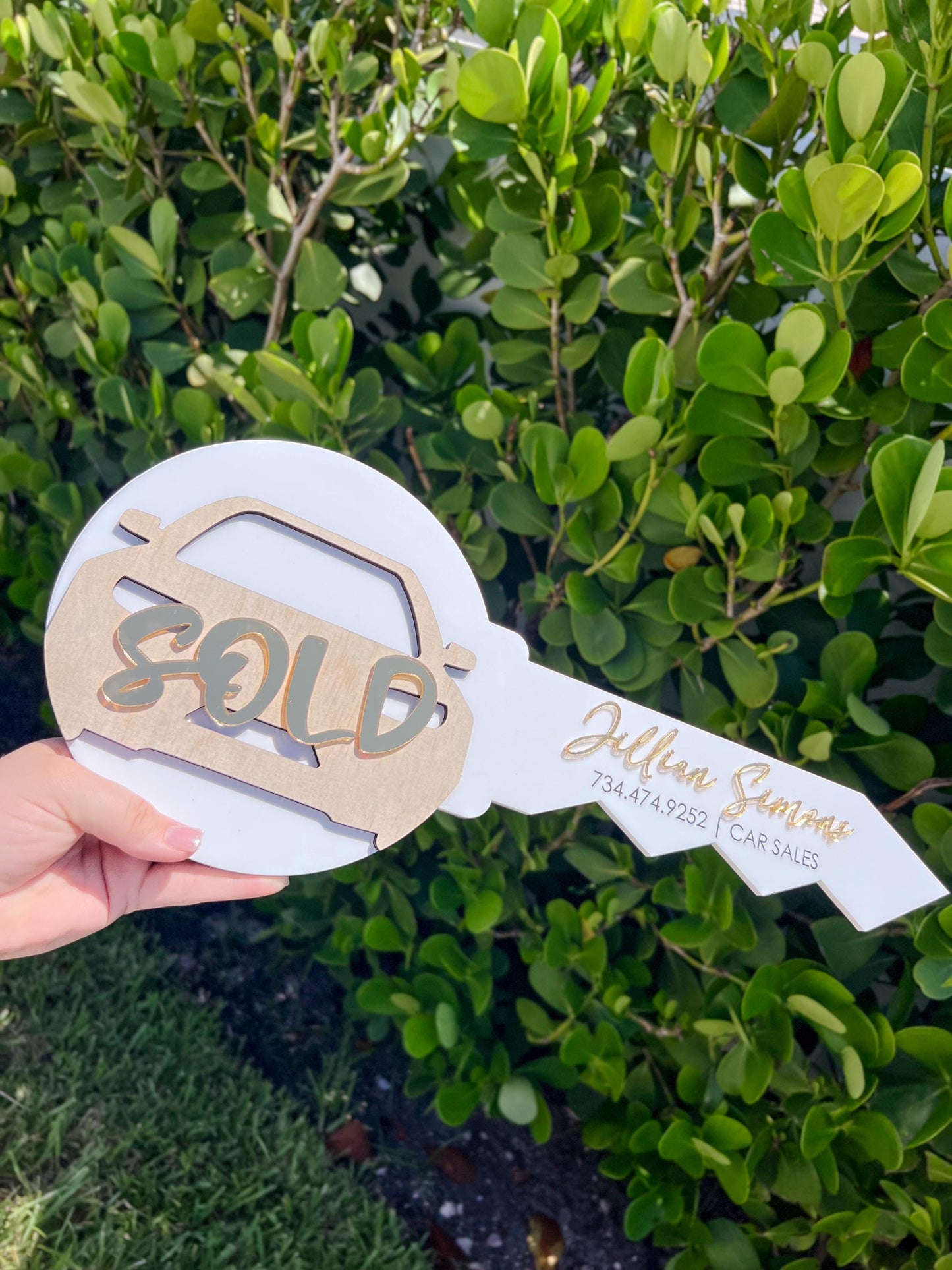 Personalized Car Sales Key Sign: Acrylic & Wood Closing Prop