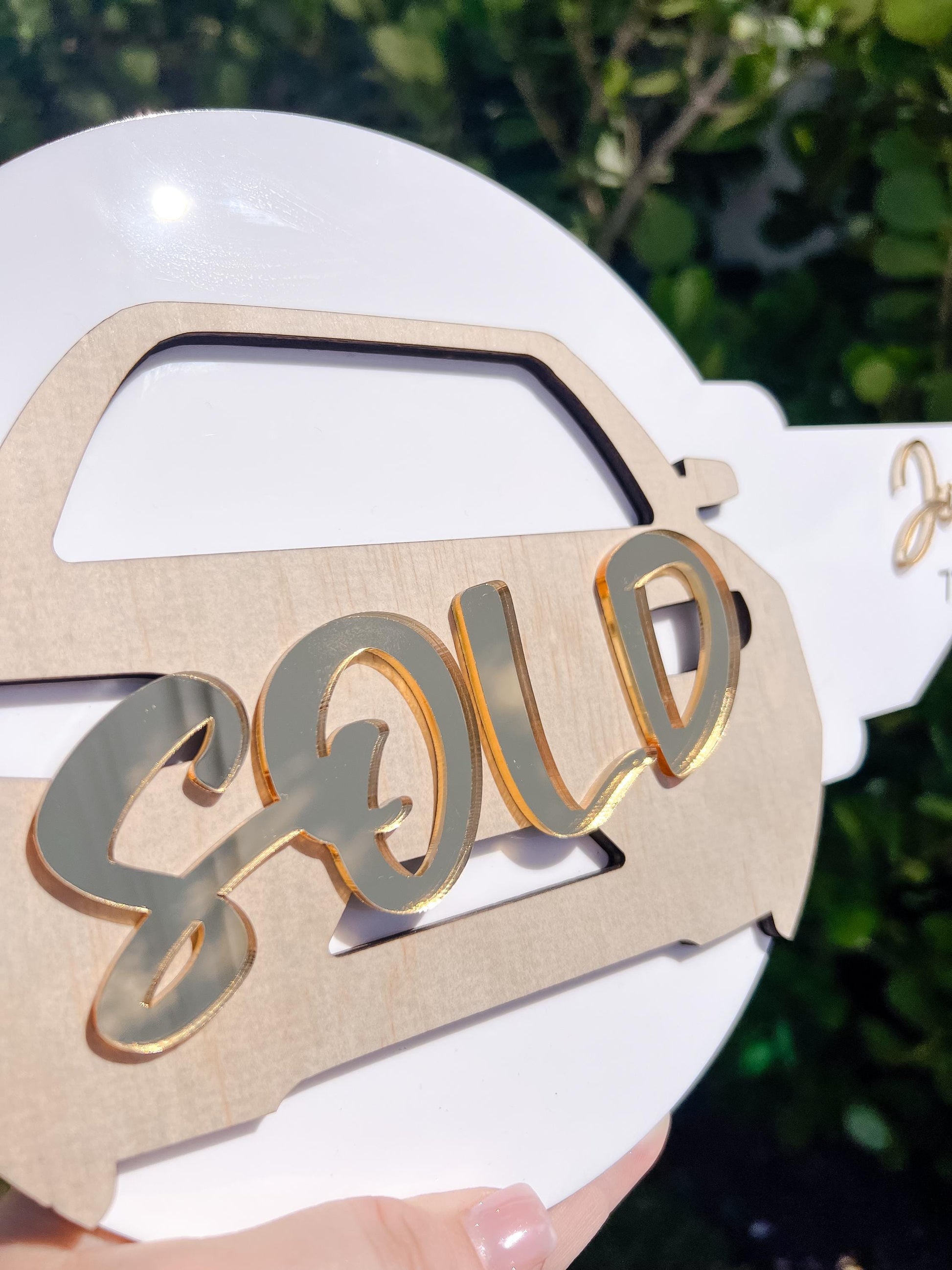 Personalized Car Sales Key Sign: Acrylic & Wood Closing Prop