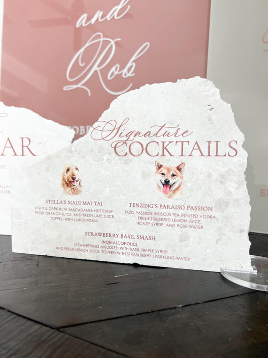 Marble Stone Bar Sign | Wedding Unique Signage | Menu sign | Drink Sign | Bar Sign | Signature Drinks | Dog Pet Portrait Sign