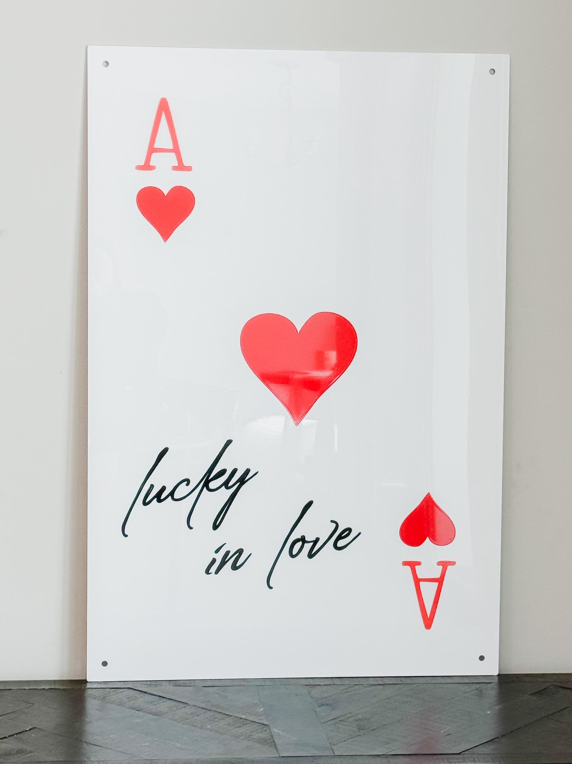 Luxury Acrylic “Lucky in Love” Sign – 35x24” Modern Ace of Hearts Wall Art | Premium Romantic Decor by Luxe Lines Designs