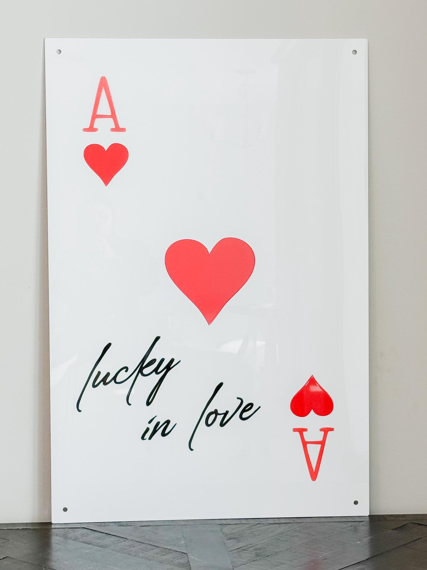 Luxury Acrylic “Lucky in Love” Sign – 35x24” Modern Ace of Hearts Wall Art | Premium Romantic Decor by Luxe Lines Designs