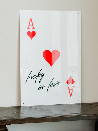 Luxury Acrylic “Lucky in Love” Sign – 35x24” Modern Ace of Hearts Wall Art | Premium Romantic Decor by Luxe Lines Designs
