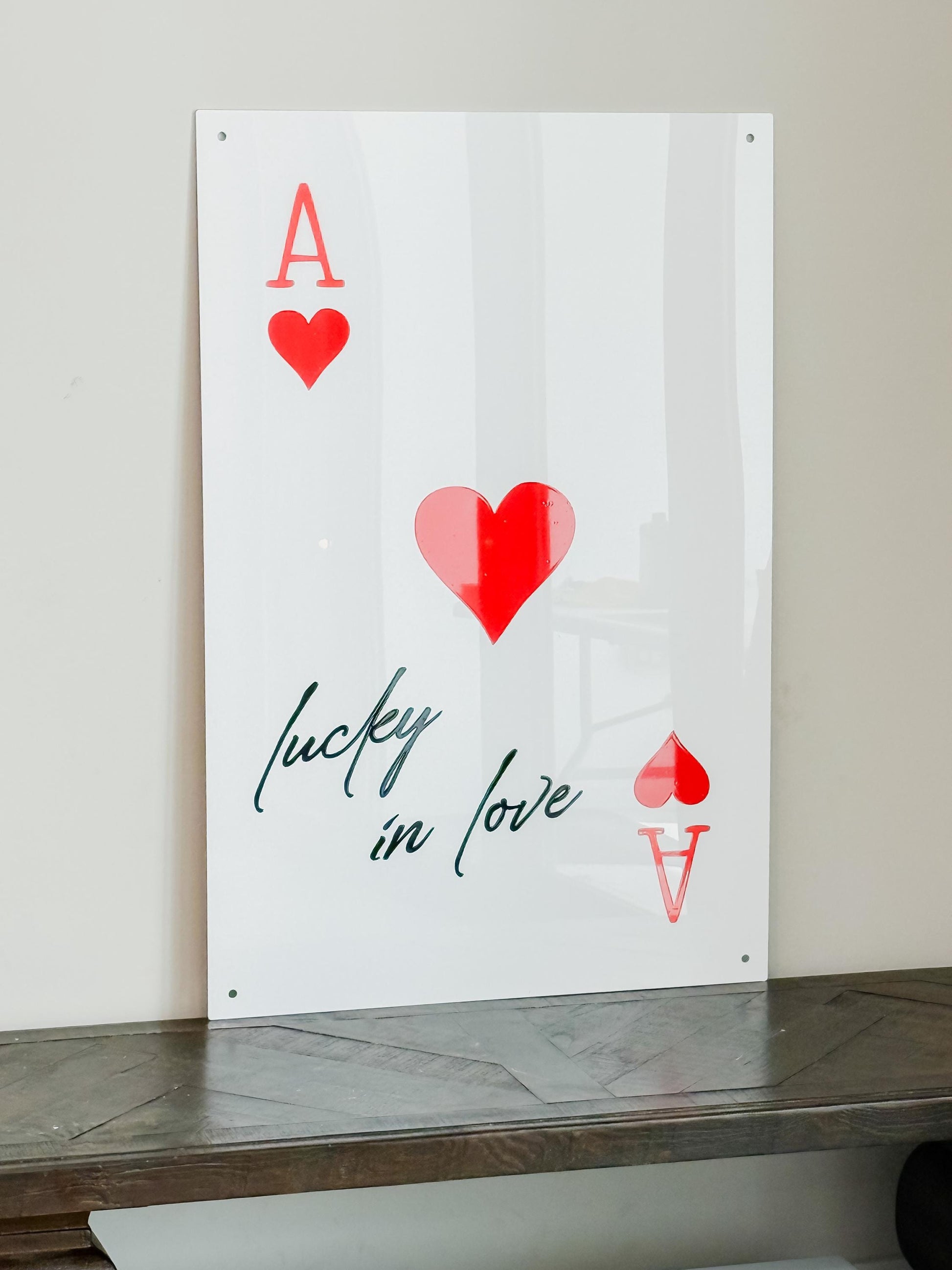 Luxury Acrylic “Lucky in Love” Sign – 35x24” Modern Ace of Hearts Wall Art | Premium Romantic Decor by Luxe Lines Designs