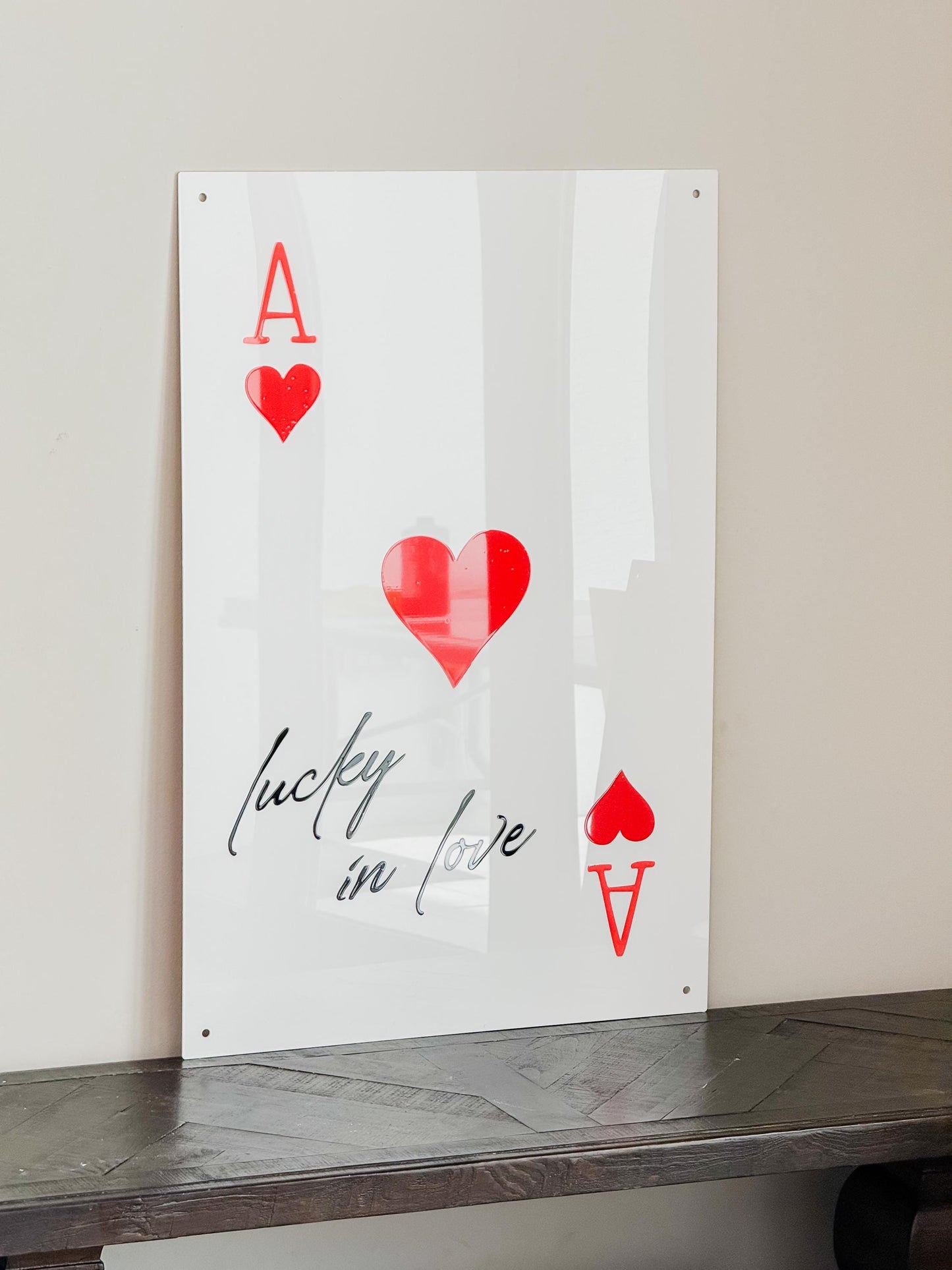 Luxury Acrylic “Lucky in Love” Sign – 35x24” Modern Ace of Hearts Wall Art | Premium Romantic Decor by Luxe Lines Designs