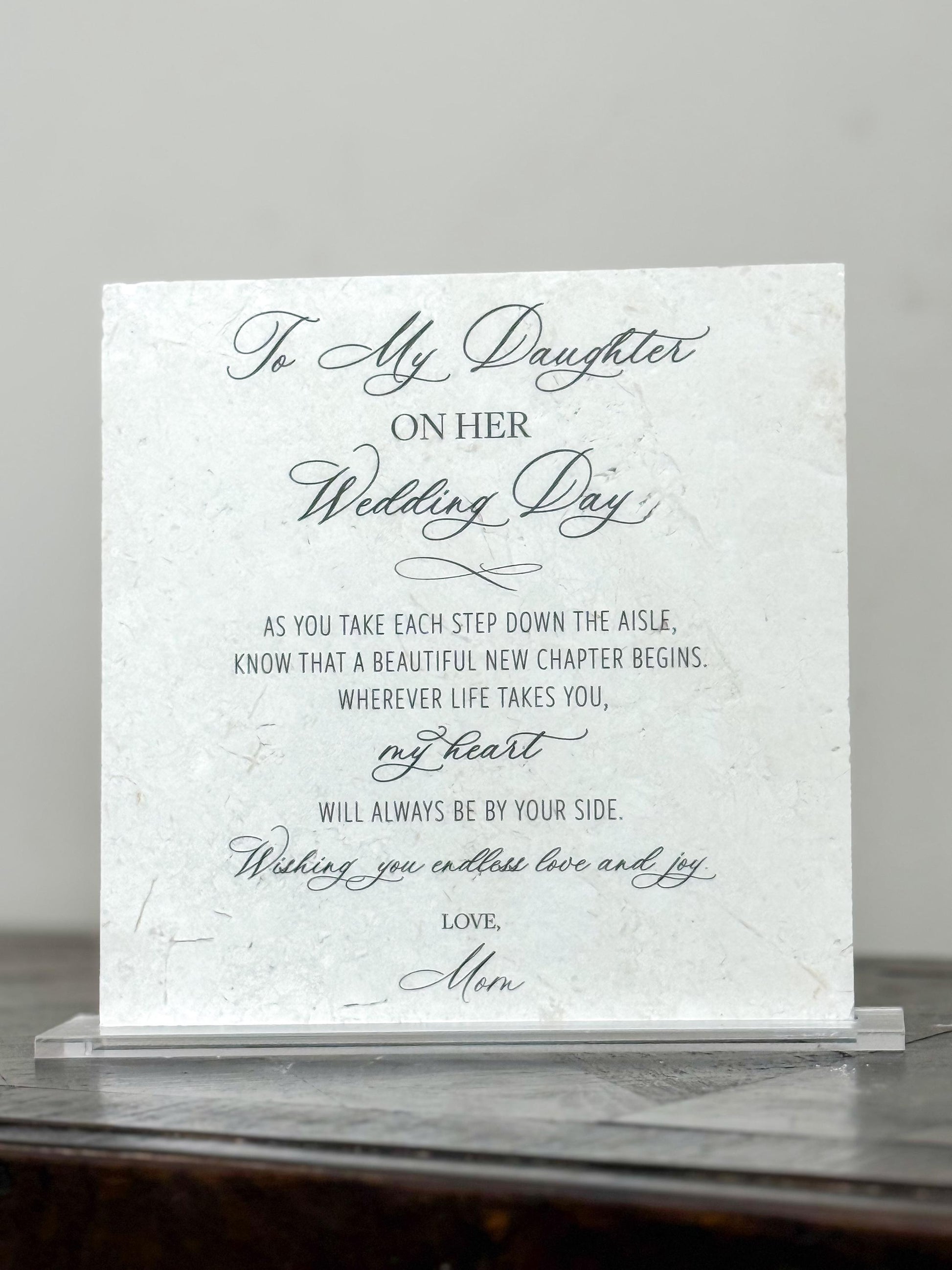 To My Daughter on Her Wedding Day Marble Sign – 8x8 Gift from Mom with Acrylic Stand | Elegant Wedding Keepsake by Luxe Lines Designs