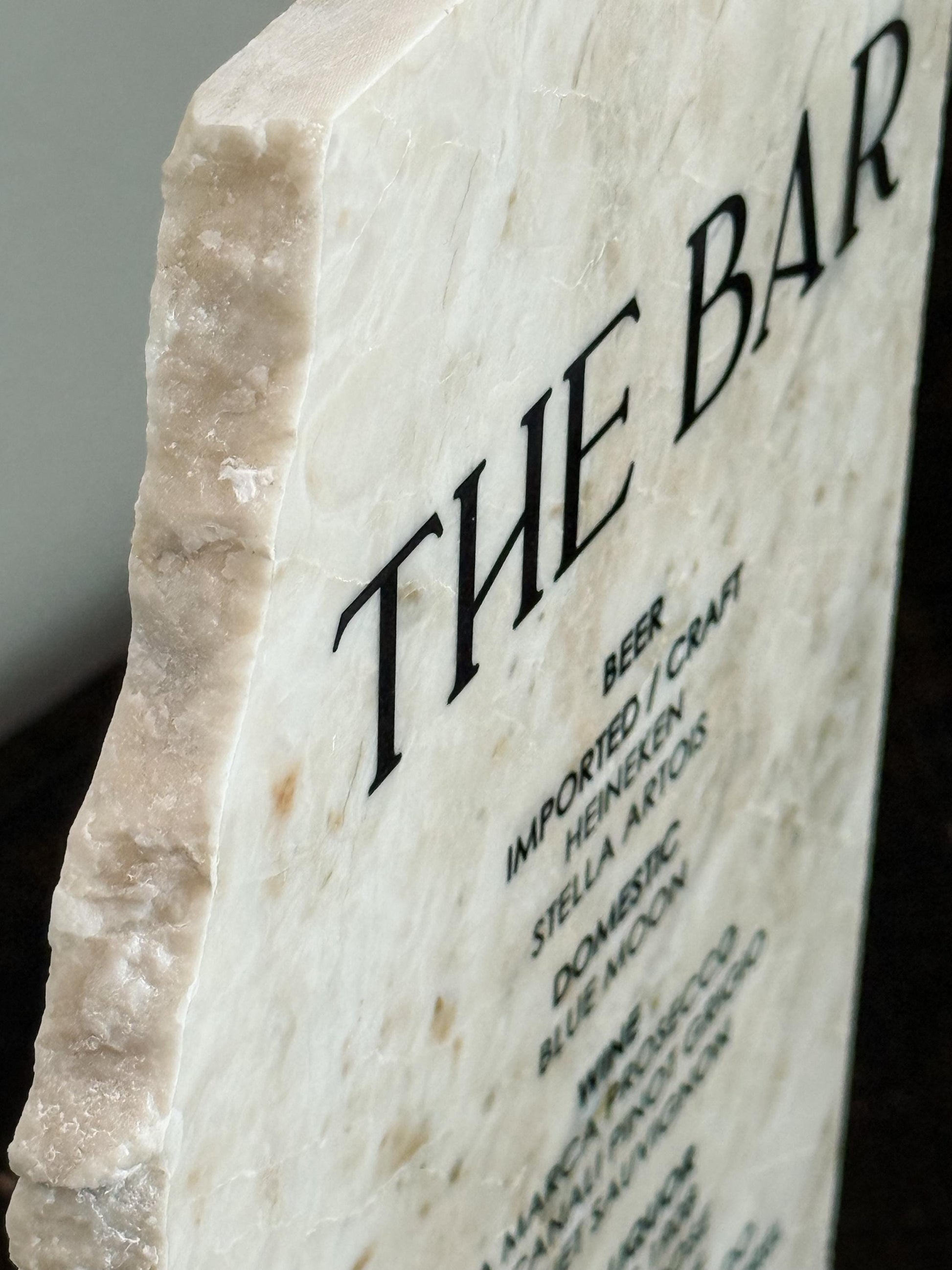 Luxury Marble Stone Bar Sign – Natural Edge Menu Sign | Wedding Bar Menu | Custom UV Print Drink | Real Marble Stone Decor by Luxe Lines
