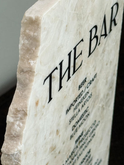 Luxury Marble Stone Bar Sign – Natural Edge Menu Sign | Wedding Bar Menu | Custom UV Print Drink | Real Marble Stone Decor by Luxe Lines