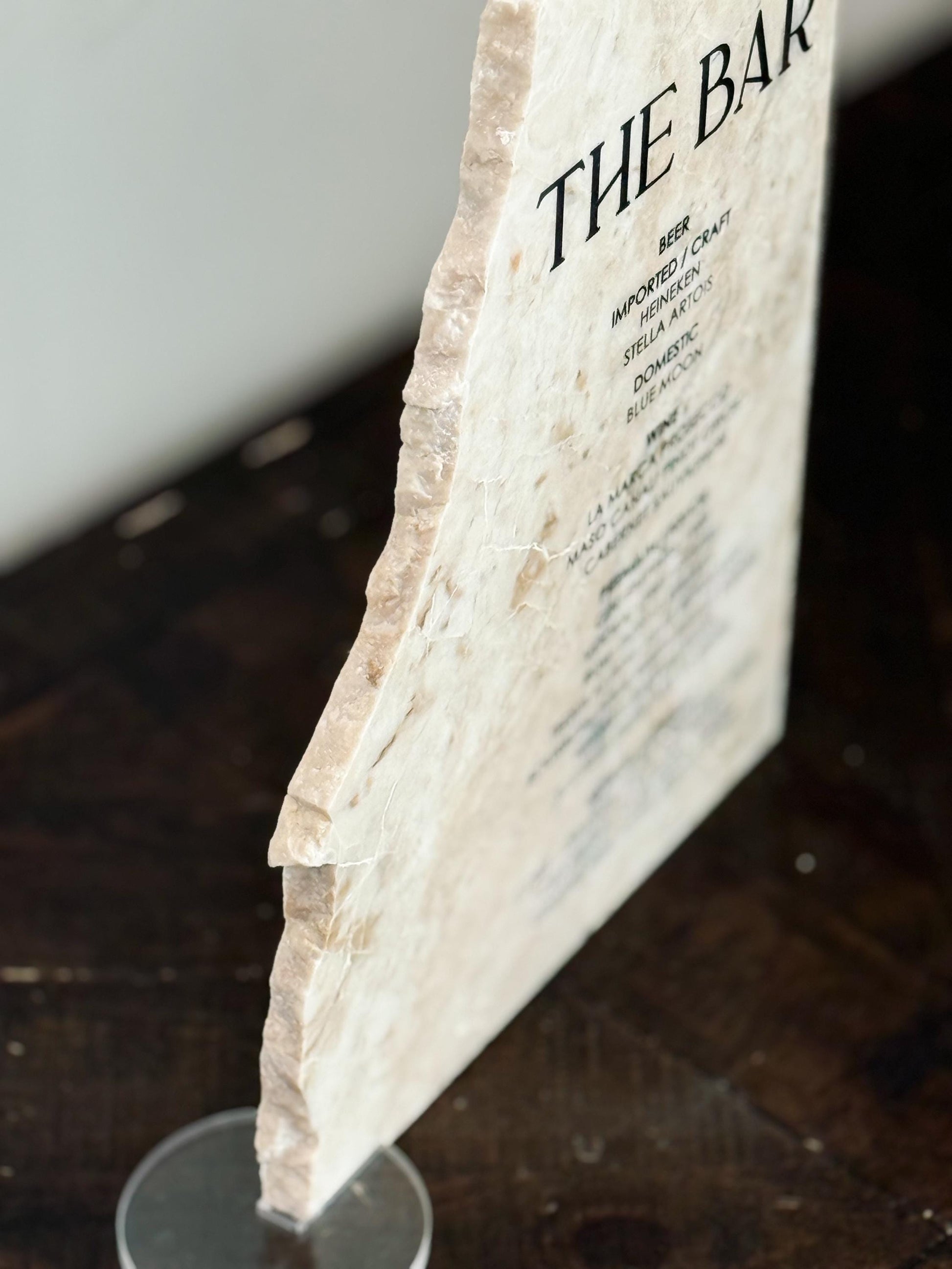 Luxury Marble Stone Bar Sign – Natural Edge Menu Sign | Wedding Bar Menu | Custom UV Print Drink | Real Marble Stone Decor by Luxe Lines