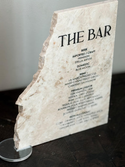 Luxury Marble Stone Bar Sign – Natural Edge Menu Sign | Wedding Bar Menu | Custom UV Print Drink | Real Marble Stone Decor by Luxe Lines
