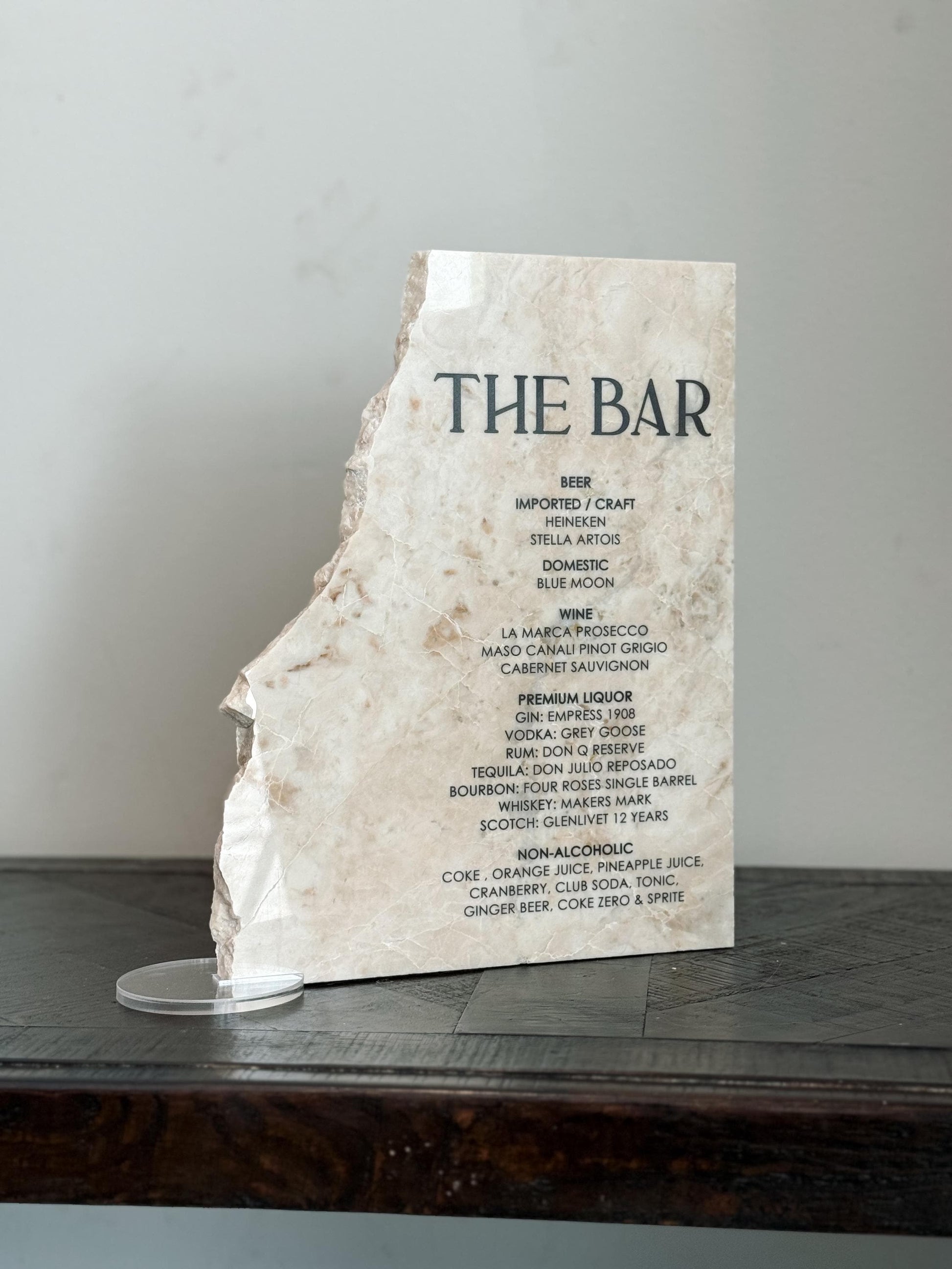 Luxury Marble Stone Bar Sign – Natural Edge Menu Sign | Wedding Bar Menu | Custom UV Print Drink | Real Marble Stone Decor by Luxe Lines