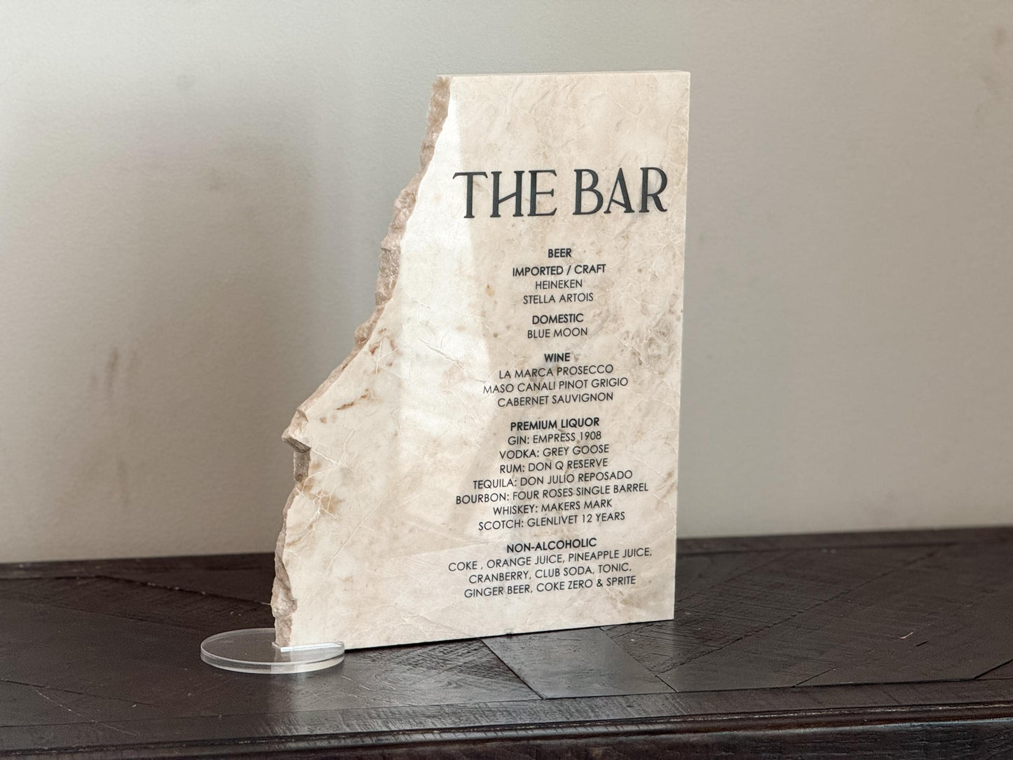Luxury Marble Stone Bar Sign – Natural Edge Menu Sign | Wedding Bar Menu | Custom UV Print Drink | Real Marble Stone Decor by Luxe Lines