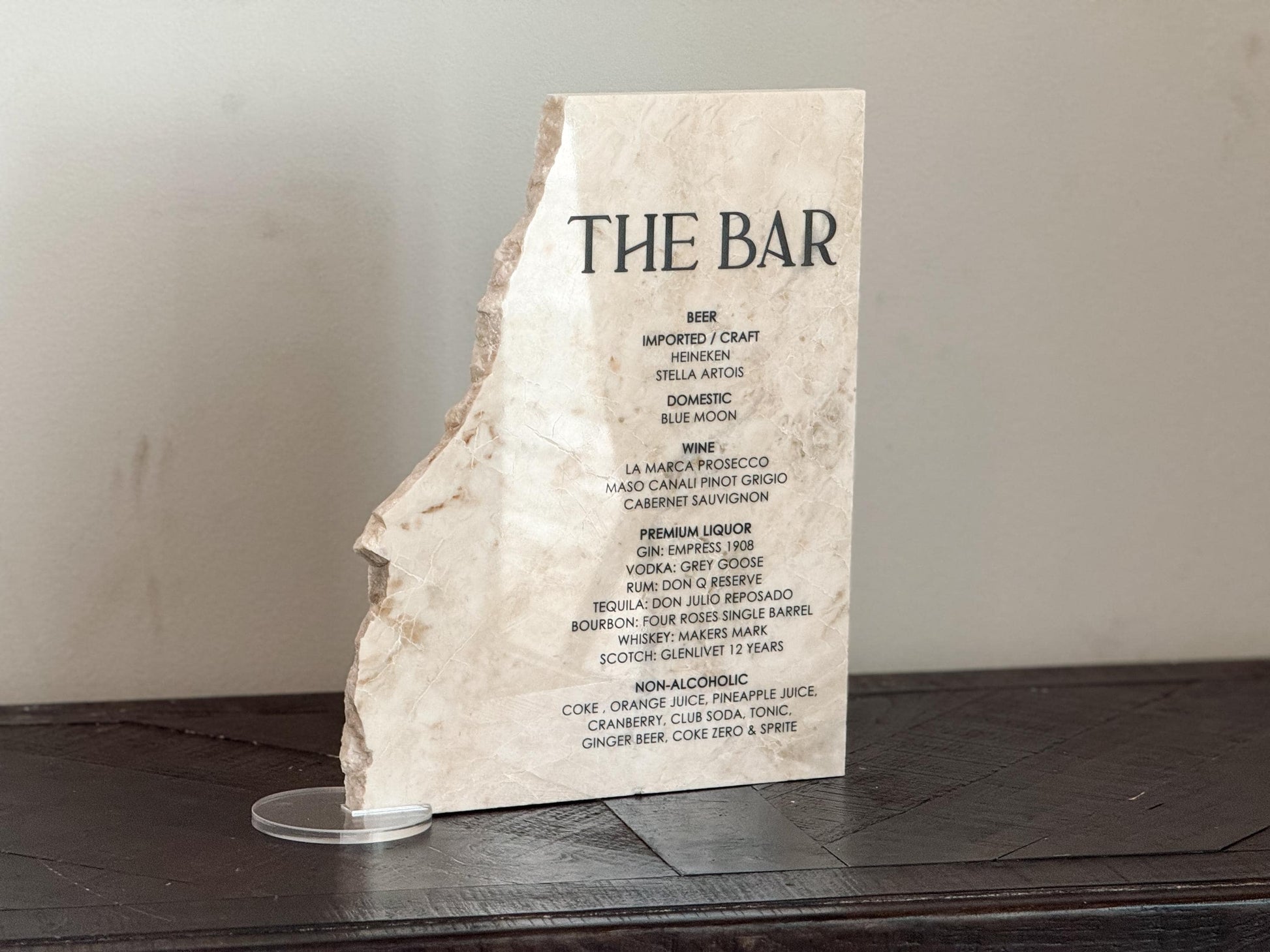 Luxury Marble Stone Bar Sign – Natural Edge Menu Sign | Wedding Bar Menu | Custom UV Print Drink | Real Marble Stone Decor by Luxe Lines