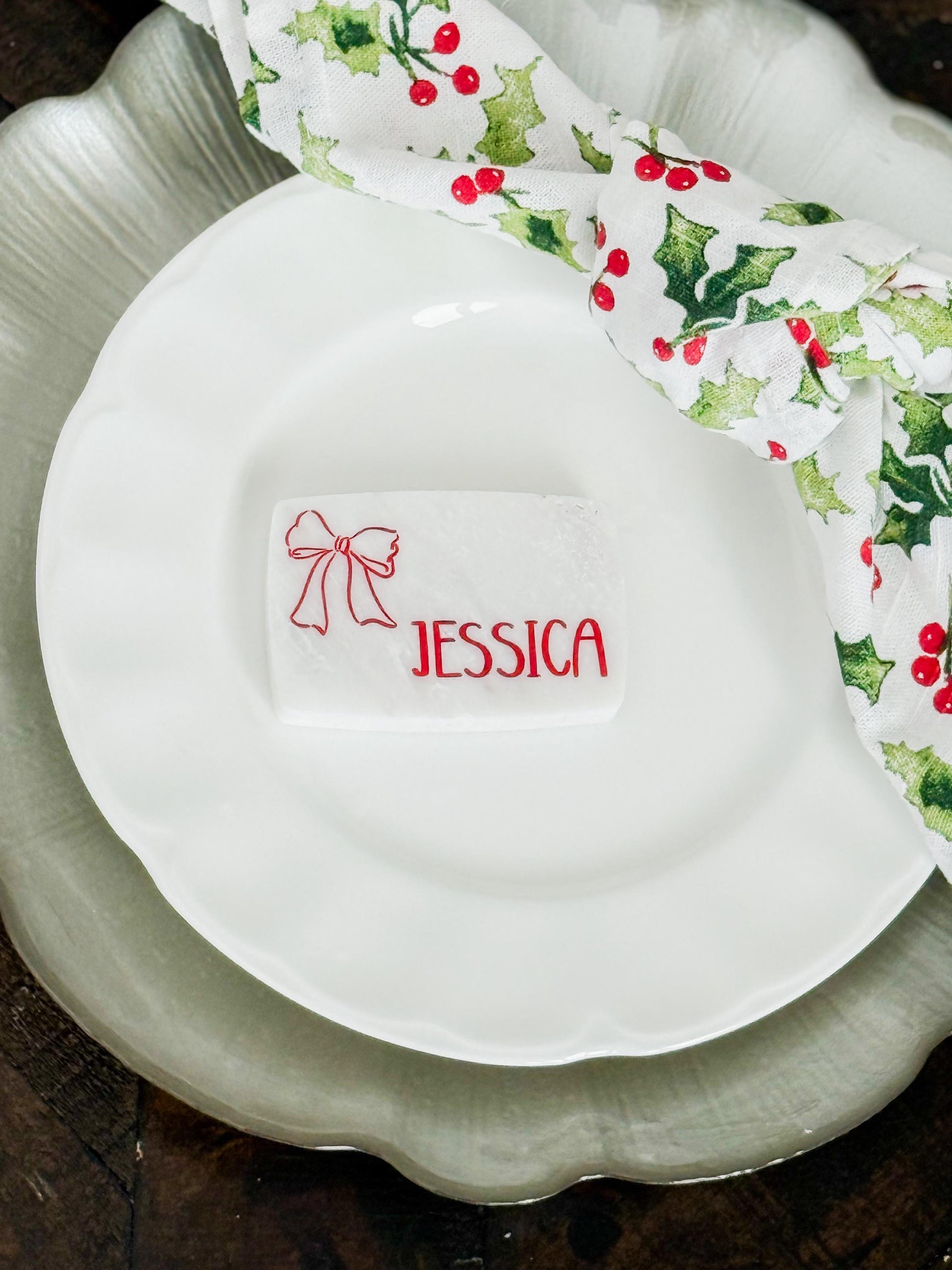 Custom Marble Christmas Place Cards – Personalized Name Tags – Elegant Holiday Table Setting – Luxe Lines Designs - Ribbon Bow