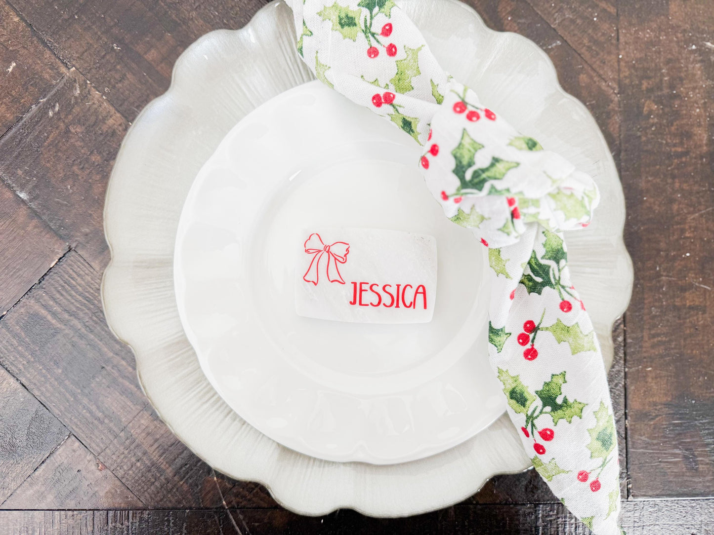 Custom Marble Christmas Place Cards – Personalized Name Tags – Elegant Holiday Table Setting – Luxe Lines Designs - Ribbon Bow