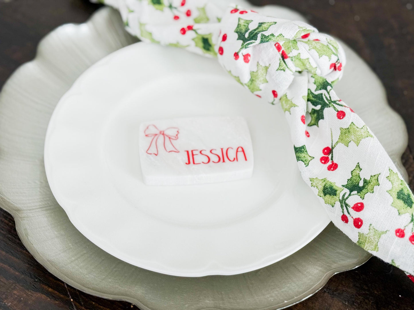 Custom Marble Christmas Place Cards – Personalized Name Tags – Elegant Holiday Table Setting – Luxe Lines Designs - Ribbon Bow
