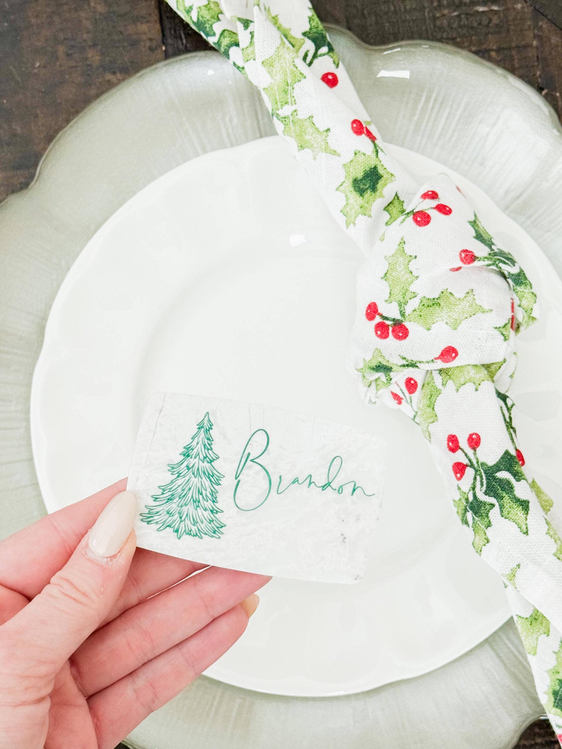 Custom Marble Christmas Place Cards – Personalized Name Tags – Elegant Holiday Table Setting – Luxe Lines Designs - Tree