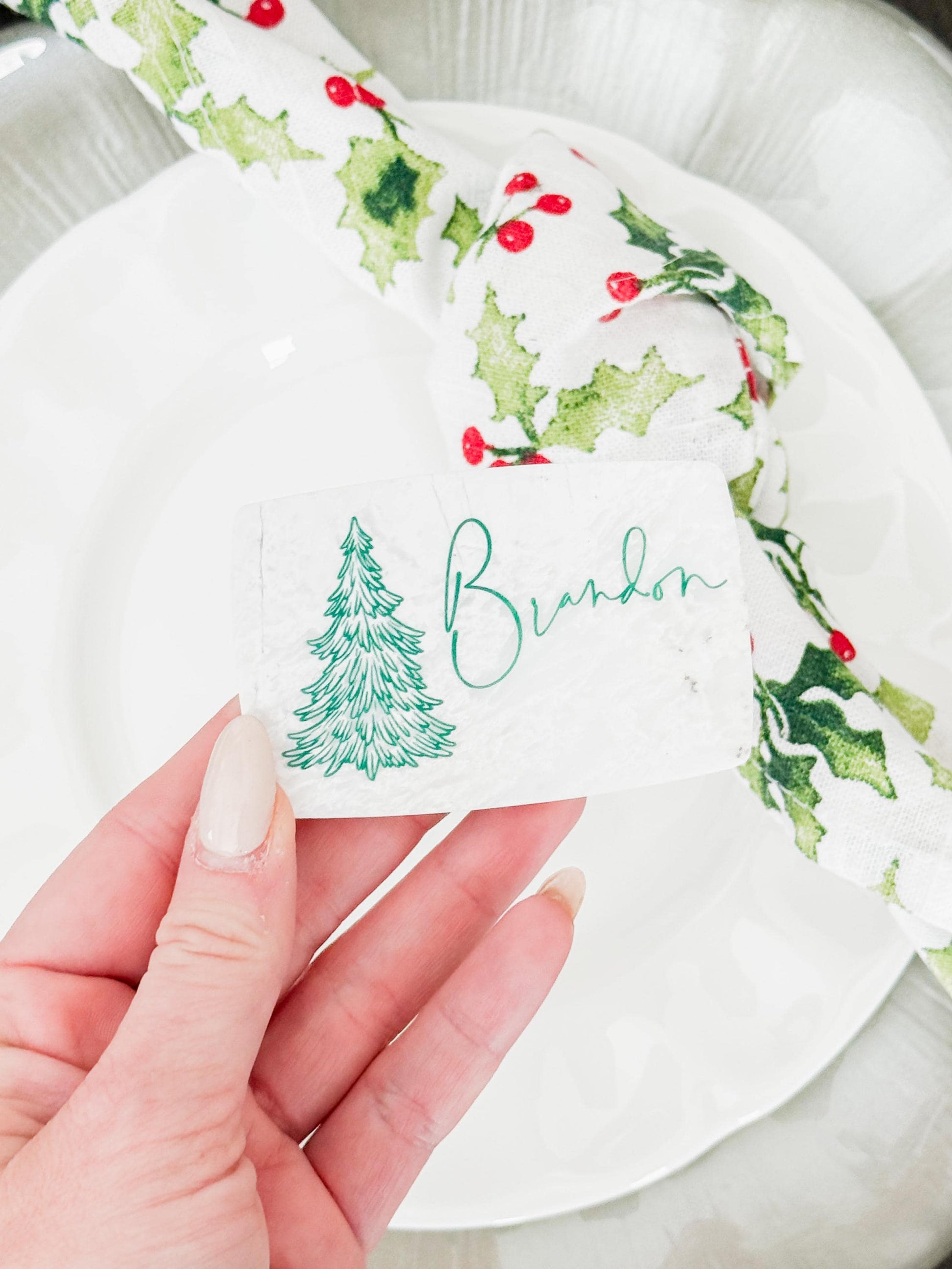 Custom Marble Christmas Place Cards – Personalized Name Tags – Elegant Holiday Table Setting – Luxe Lines Designs - Tree