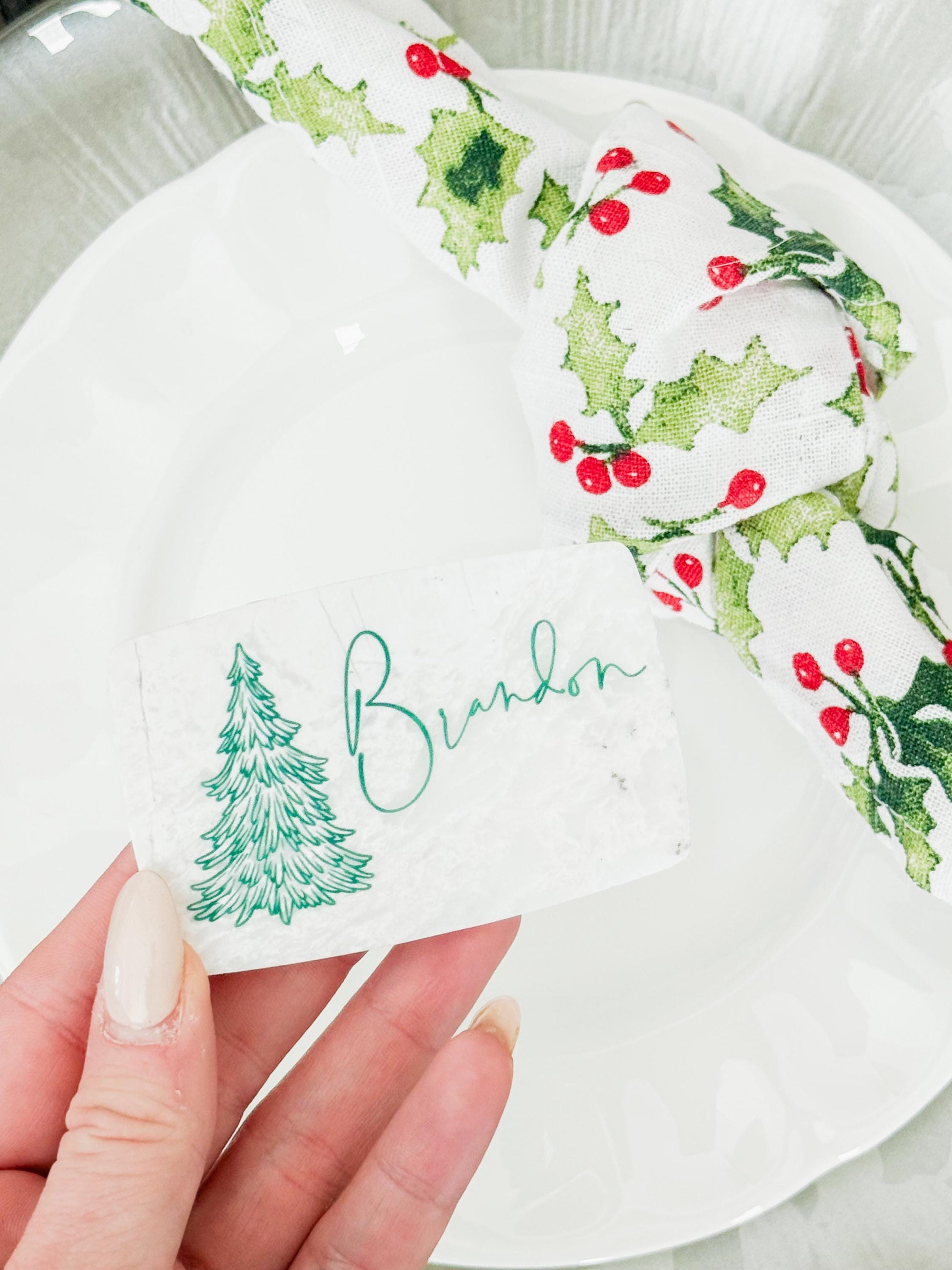 Custom Marble Christmas Place Cards – Personalized Name Tags – Elegant Holiday Table Setting – Luxe Lines Designs - Tree
