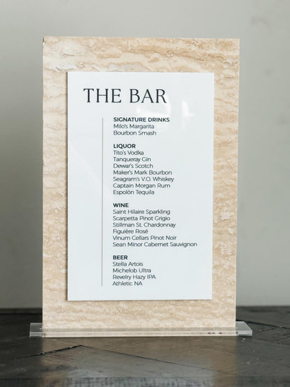 Travertine Stone Bar Menu Sign