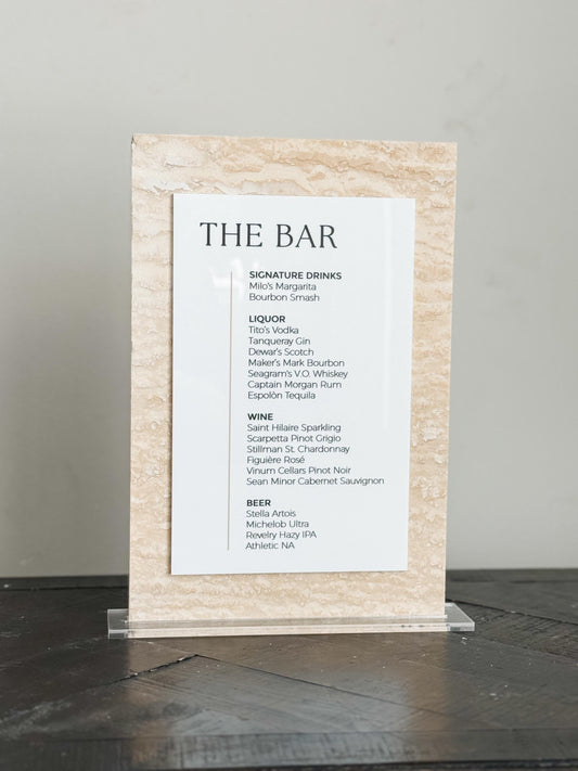 Travertine Stone Bar Menu Sign 8x12 | Wedding Bar Sign | Luxury Stone Drink Menu | Custom Reception Signage | Natural Travertine Decor